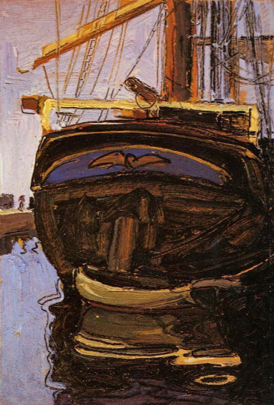 《Sailing Ship with Dinghy_带小艇的帆船》1908年，纸板油画，私人收藏