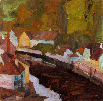 《Village by the River_河边的村庄》
1908年，布面油画，私人收藏