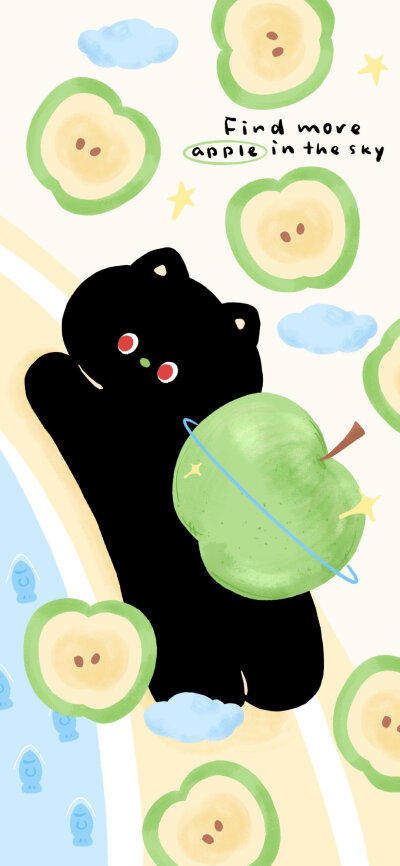 夏日青苹果小黑猫壁纸