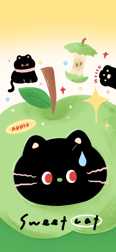 夏日青苹果小黑猫壁纸