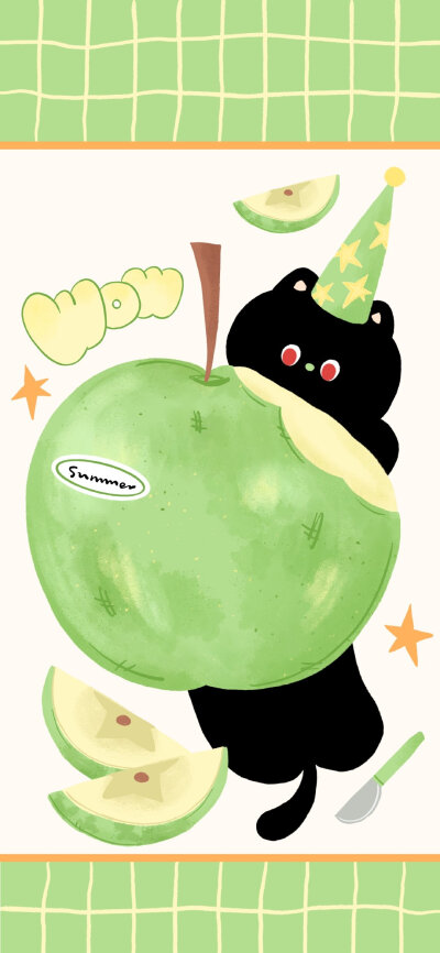夏日青苹果小黑猫壁纸