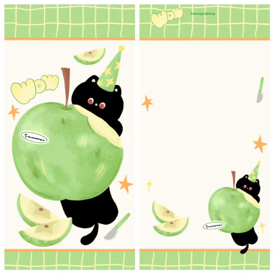 夏日青苹果涂鸦黑猫壁纸+套图