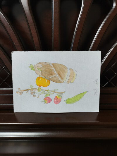 44 清夏（绘画 | 水彩 | 果花甘04）
2018.6.14
清夏，消暑。
夏日中常见的意象，有的全然没有一点燥热的味道。
蔬菜是一定要有的。夏日的饭菜，清素总是上佳。简单朴素的烹饪方式，清淡的调料，却能调出不寡淡的汤…
