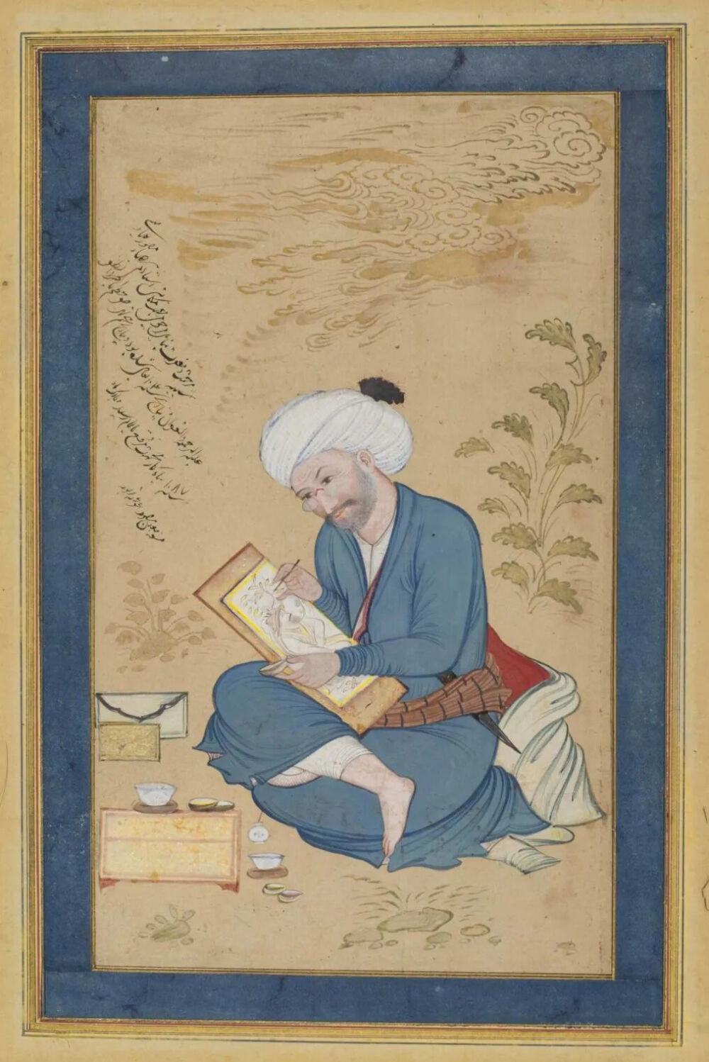 ▲礼萨·阿巴西的肖像；由他的学生莫恩·莫萨夫 (Mo'en Mosavver)绘制；