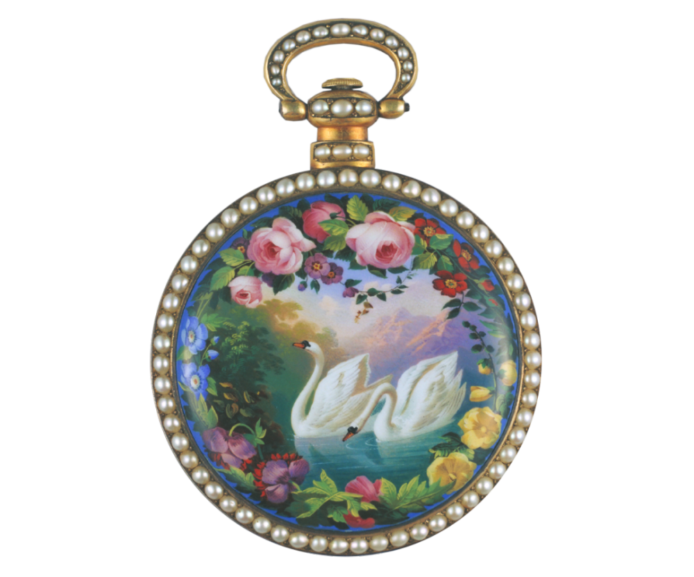 镶珠珐琅溪山双鹅图怀表
19世纪 瑞士
故宫博物院藏
