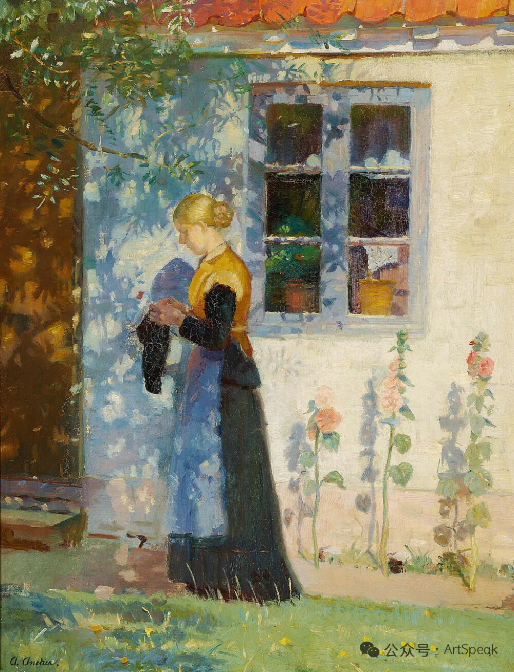 安娜·安切尔：一名年轻女孩在斯卡恩的一所房子前织毛衣，1877年至1935年之间，丹麦斯卡恩艺术博物馆