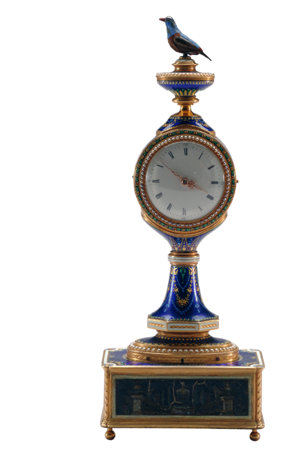 铜镀金嵌珐琅瓶式小鸟音表
18世纪 瑞士
故宫博物院藏
