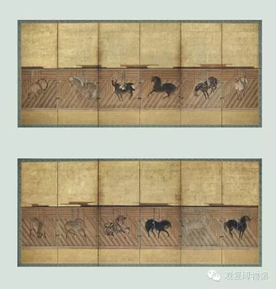 日本 江户时代 十七世纪 《马厩》金地设色纸本六折屏风
