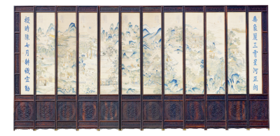 清  紫檀木边绣七夕图袁瑛画山水图围屏（正面）