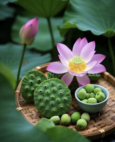 荷叶翩翩遮炎阳，细品茶香伴蝉声。
遁入荷塘幽深处，半日闲逸做仙乡。