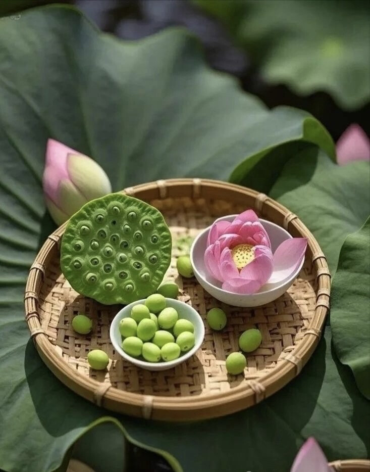 荷叶翩翩遮炎阳，细品茶香伴蝉声。
遁入荷塘幽深处，半日闲逸做仙乡。