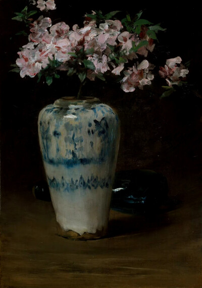 花瓶中的粉红杜鹃花，1880s
美国画家William Merritt Chase ​