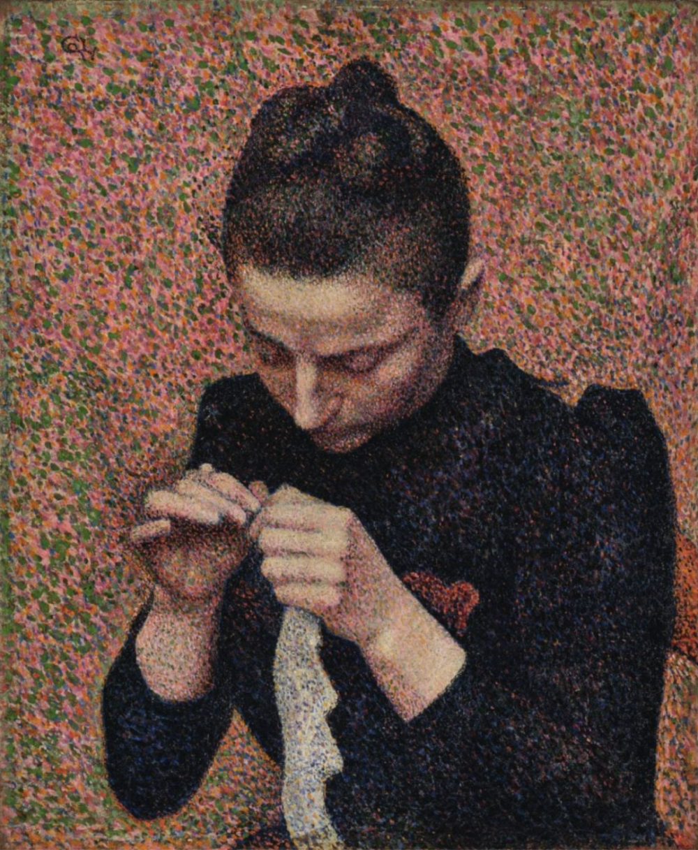 乔治·莱曼 (Georges Lemmen)，《钩针编织的年轻女性》(朱莉·莱曼)，(1890)。由苏富比提供。