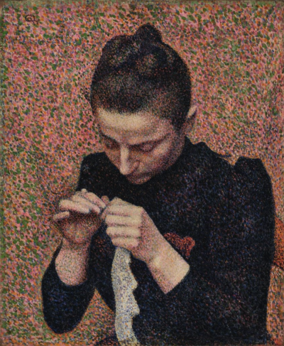 乔治·莱曼 (Georges Lemmen)，《钩针编织的年轻女性》(朱莉·莱曼)，(1890)。由苏富比提供。