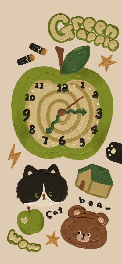 复古棕色秋冬青苹果小黑猫壁纸