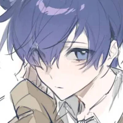 一个蓝头发的男孩戴着耳机露出娇羞神情