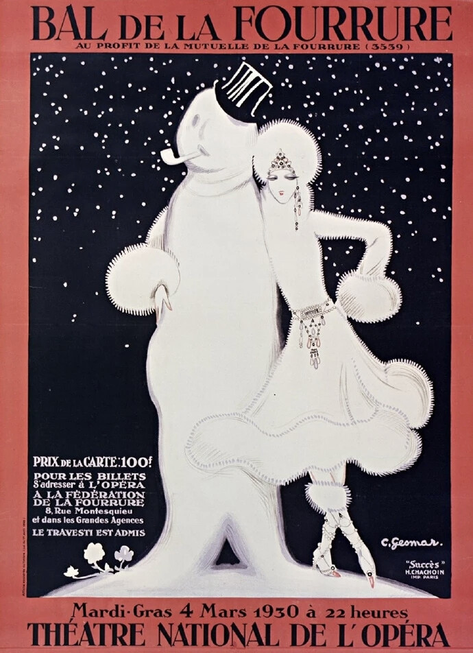 法国插画艺术家Charles Gesmar的插画作品以装饰艺术风格为主，线条流畅，色彩鲜艳，描绘优雅自信的时尚女郎。他擅长细腻的细节处理，动态的构图和舞台化的视觉效果，展现出20世纪20年代的摩登与奢华。Charles Gesmar于1928年因肺结核去世，年仅28岁