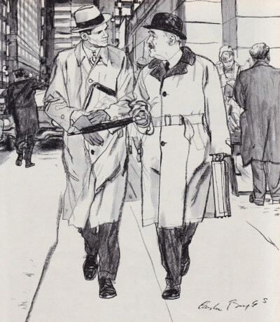 美国插画艺术家 Austin Briggs (1908 – 1973) 的插画风格以线条清晰、轮廓分明、构图简洁而著称。他的作品通常使用黑色或深灰色的粗线描绘人物、物体和场景，同时强调光影的对比，创造出强烈的视觉效果。他的画面构…
