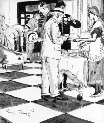 美国插画艺术家 Austin Briggs (1908 – 1973) 的插画风格以线条清晰、轮廓分明、构图简洁而著称。他的作品通常使用黑色或深灰色的粗线描绘人物、物体和场景，同时强调光影的对比，创造出强烈的视觉效果。他的画面构…