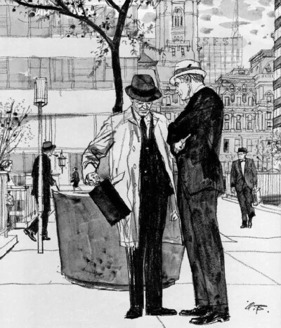 美国插画艺术家 Austin Briggs (1908 – 1973) 的插画风格以线条清晰、轮廓分明、构图简洁而著称。他的作品通常使用黑色或深灰色的粗线描绘人物、物体和场景，同时强调光影的对比，创造出强烈的视觉效果。他的画面构…