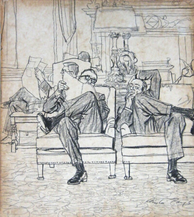 美国插画艺术家 Austin Briggs (1908 – 1973) 的插画风格以线条清晰、轮廓分明、构图简洁而著称。他的作品通常使用黑色或深灰色的粗线描绘人物、物体和场景，同时强调光影的对比，创造出强烈的视觉效果。他的画面构…