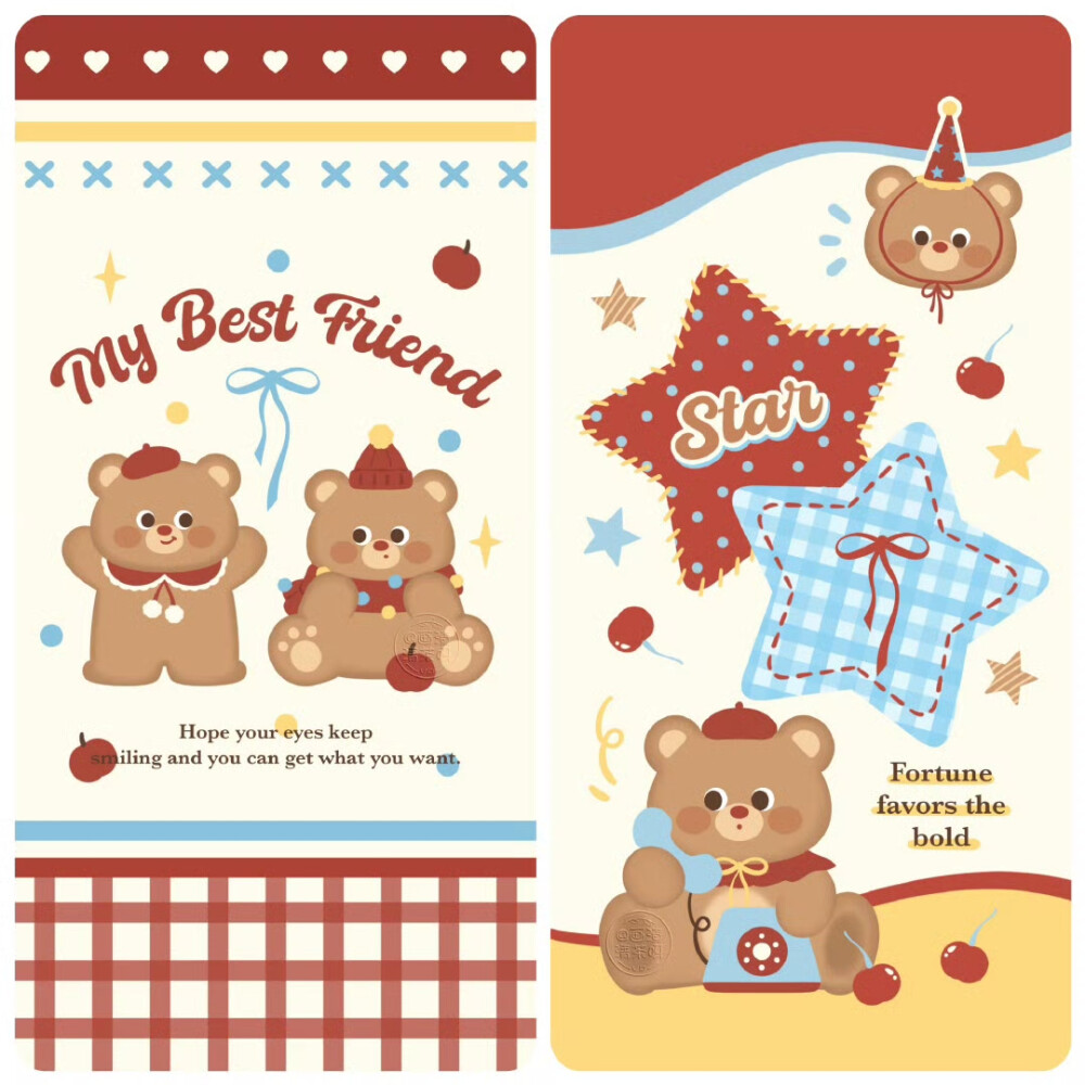 ins风红蓝配色小熊壁纸