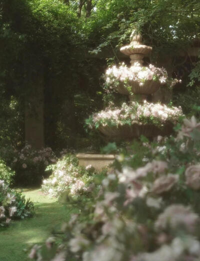  时光在这里凝成了梦。古旧的喷泉被粉白的花簇温柔相拥，在绿意织就的秘境里，光影如碎银般洒落。
每一朵花都是童话的注脚，每一缕风都携着秘境的低语，仿佛踏入此间，便闯入了被岁月遗忘的浪漫乌托邦，让心…