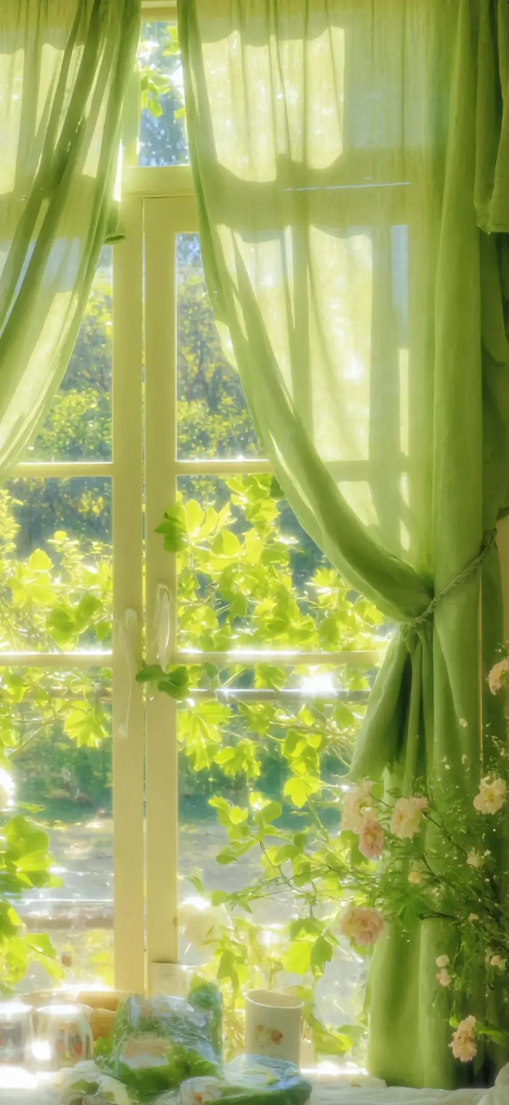 青窗夏梦
绿帘如轻烟，把盛夏的光筛成碎金，落在窗台的花簇与杯盏间。窗外的叶浪翻涌着绿意，窗内的柔纱晕染着温柔，每一缕风穿过，都在这方小天地里，织就出关于夏的、明媚又朦胧的梦。