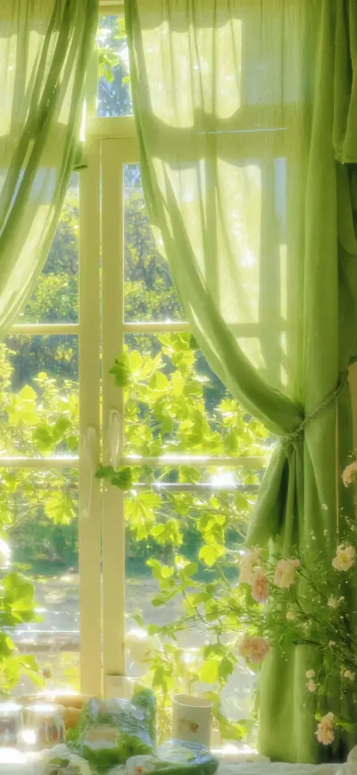 青窗夏梦
绿帘如轻烟，把盛夏的光筛成碎金，落在窗台的花簇与杯盏间。窗外的叶浪翻涌着绿意，窗内的柔纱晕染着温柔，每一缕风穿过，都在这方小天地里，织就出关于夏的、明媚又朦胧的梦。