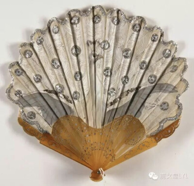 1900-1910, France - Fan painted by Adolphe Thomasse - Painted silk leaf, silver sequins; celluloid sticks and guards with steel-cut inlay
