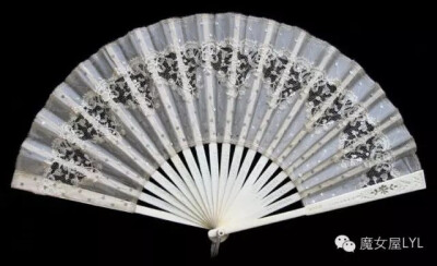 Antique Sequined Silk Lace Bone Fan Fächer Eventail Ventaglio Abanico 1910
