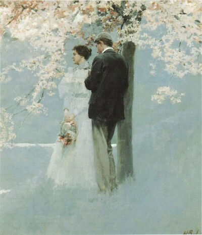 《春日樱花》Springtime, Cherry Blossom，
霍华德·派尔（Howard Pyle）
1897年；尺寸未知；水彩画
