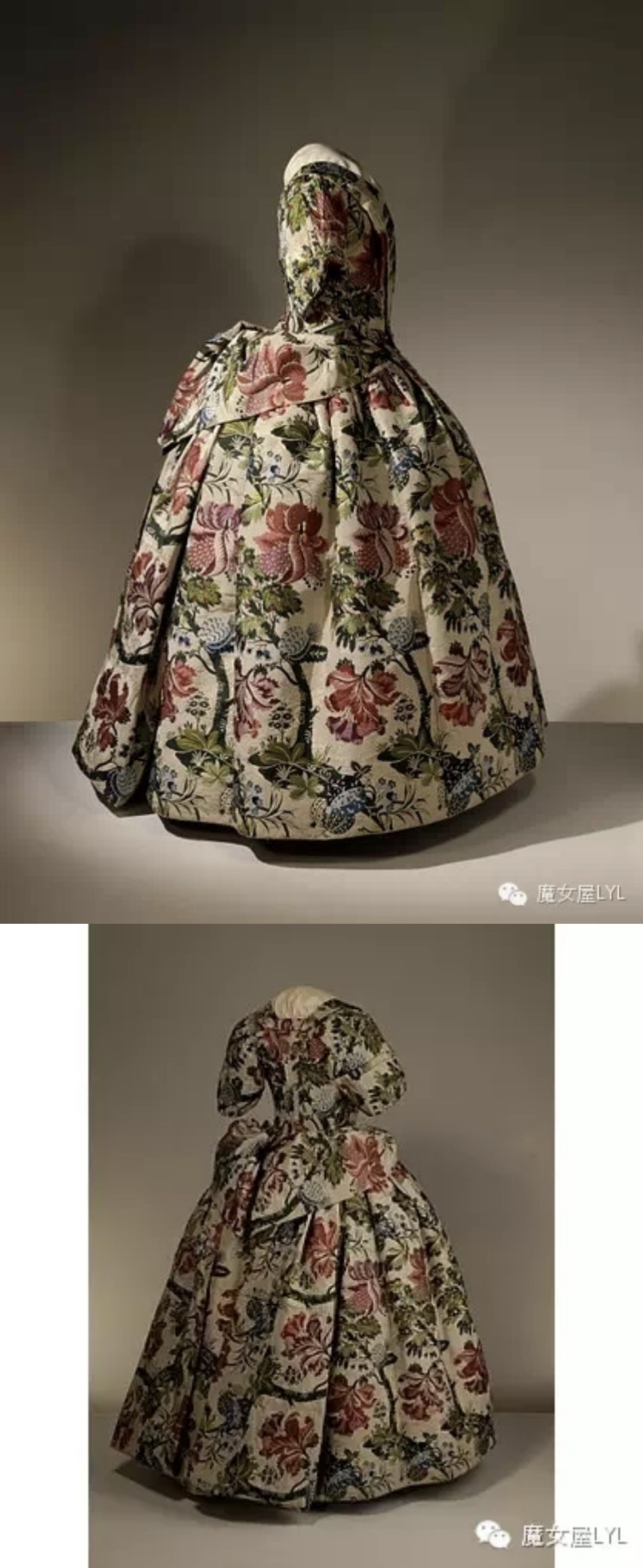 曼图亚，英格兰，1735-1740年制造。锦缎丝绸。曼图亚的特点之一是一个长拖尾，刺绣在一片扁平的丝绸上。钉上或者悬垂拖尾是需要由女仆协助完成的着装艺术。