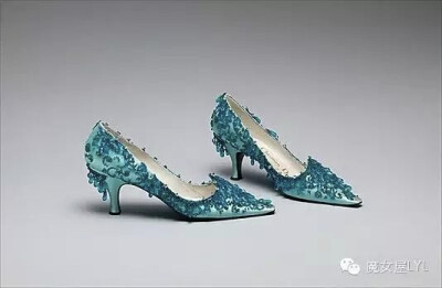 Evening Shoes, Roger Vivier (French, 1913–1998) for the House of Dior (French, founded 1947): 1960, French, silk/leather/glass. Marking: [stamped in shoe] "Christian Dior/Roger Vivier/sur mesures"