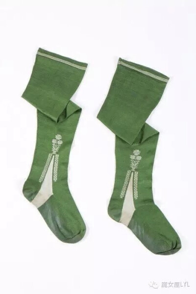 A pair of frame-knitted green silk stockings, English or French, 1750-70. 