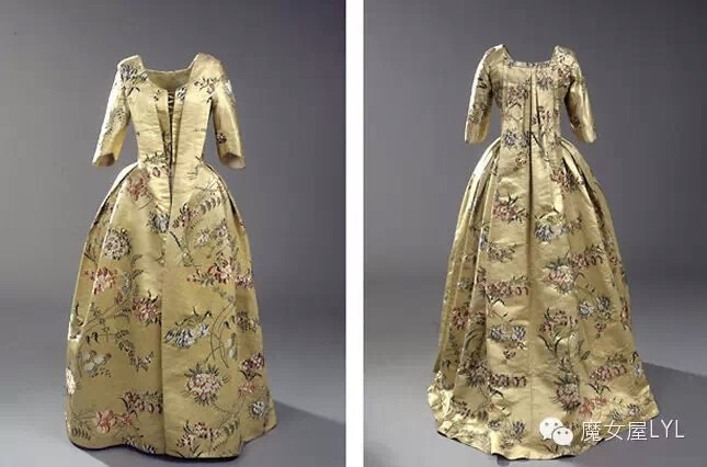 丝缎的披风。为波切恩制作的书页中体现了紧身的生命。从肩缝沿着领口和生命的顶端插入，在那里融合到西马伦的下半部分。生命的背部和正面都有蕾丝装饰。袖子光滑，一直延伸到肘部。素白帆布衬袖。蓝白条纹帆布衬衣生命。