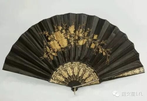 Black silk fan with gold embroidery, 1880