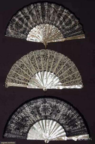 Three Lace Fans, 1850-1880; All with abalone sticks and guards: One cream Brussels lace, 10.5"; Two black Chantilly lace, both 10.5", one excellent and one with original "Duvelleroy, Paris" box