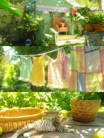 碎花的夏天
夏日的风穿过花园，吹起晾衣绳上的碎花裙。小木屋、藤篮、猫咪，一切都在阳光里显得格外温柔。空气中弥漫着柠檬和青草的味道，仿佛整个世界都被泡在蜜里。