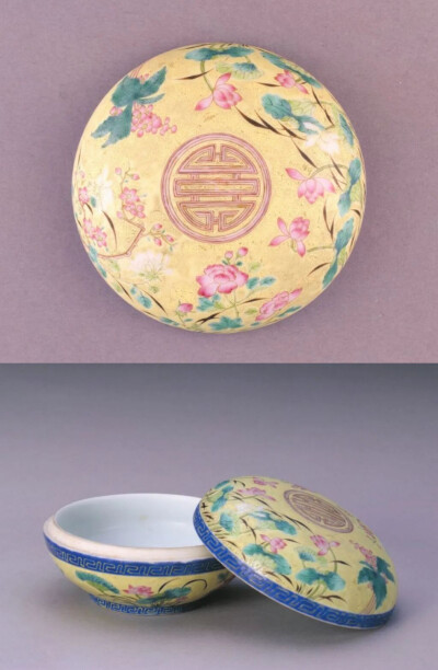 ▲ 黄地粉彩花卉纹团寿字纹盖盒 清光绪 故宫博物院藏