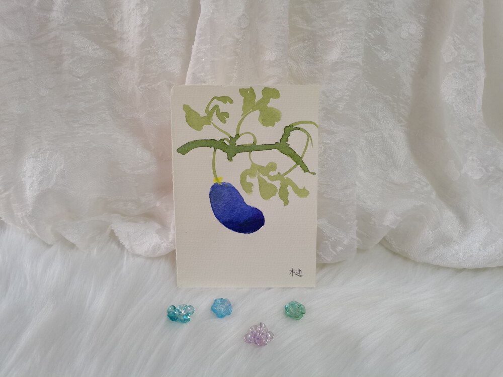 45 木通（绘画 | 水彩 | 果花甘05）
2018.10.04
青色的夜转蓝，晴空和水相遇了。
纯得没有一丝灯火，宁静的夏夜在木通的身上发芽。
静谧的夜和水燃烧，凉爽的蓝色火焰在静谧的山林间燃烧，烧透木通的果实。
烧蓝一只木通，把湖海的静夜揉进木通的果皮。
木通是夜的眼睛，摇篮般的眼睛深邃地看向深邃的密林。
春日里紫花如织，锦缎鲜活，秋日里坠下一栋栋饱满的子实，嫣然姹紫。
裂开的木通露出蕉仁似的絮果，绵绵密密，软得很安心。