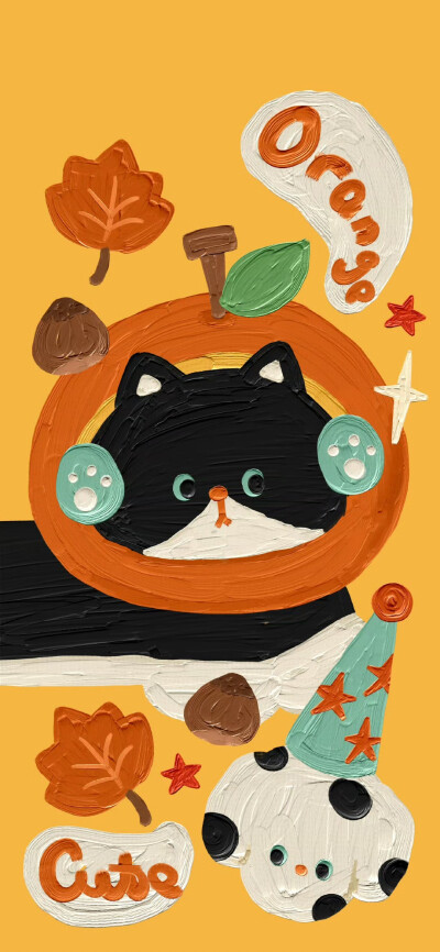 秋冬橙子油画复古小黑猫壁纸