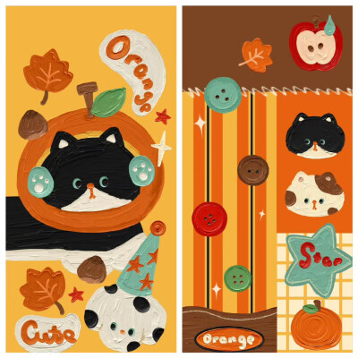 秋冬橙子油画复古小黑猫壁纸