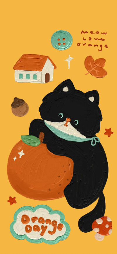 秋冬橙子油画复古小黑猫壁纸