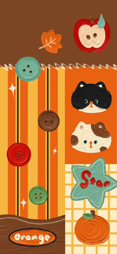 秋冬橙子油画复古小黑猫壁纸