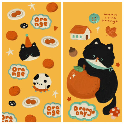 秋冬橙子油画复古小黑猫壁纸