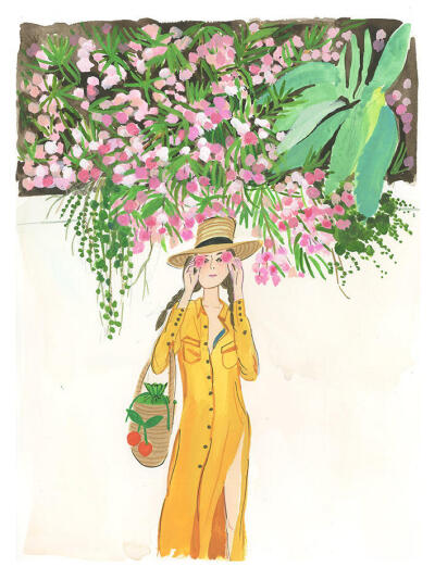 春日的午后，她走过那片花廊，阳光透过花瓣洒在她的草帽上，仿佛为她戴上了一顶金色的王冠。轻轻闭上眼睛，感受着花香和微风，仿佛走进了一个美好的梦境～