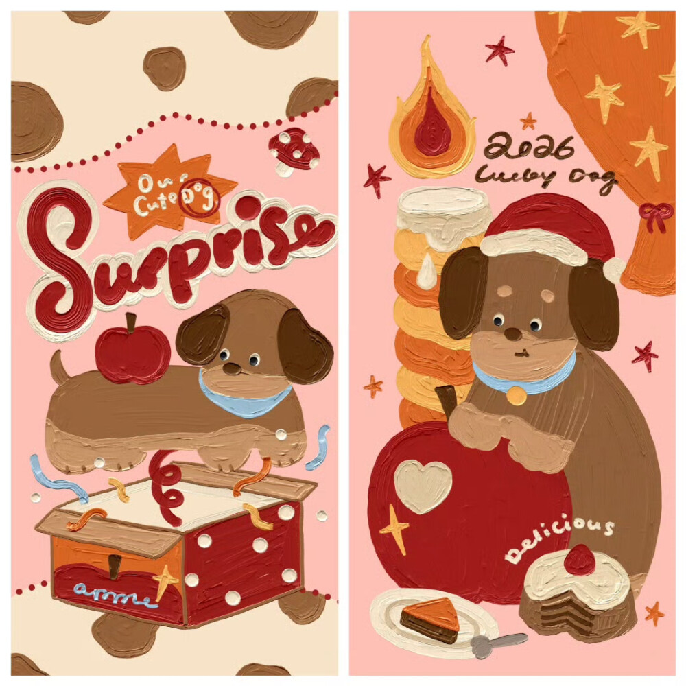 秋冬腊肠犬红苹果卡通油画壁纸