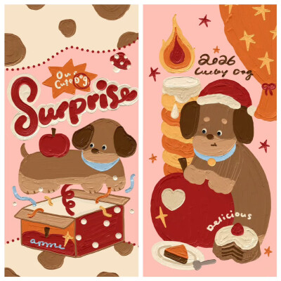 秋冬腊肠犬红苹果卡通油画壁纸