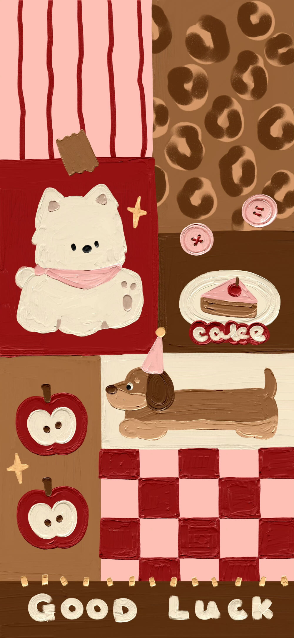 秋冬腊肠犬红苹果卡通油画壁纸